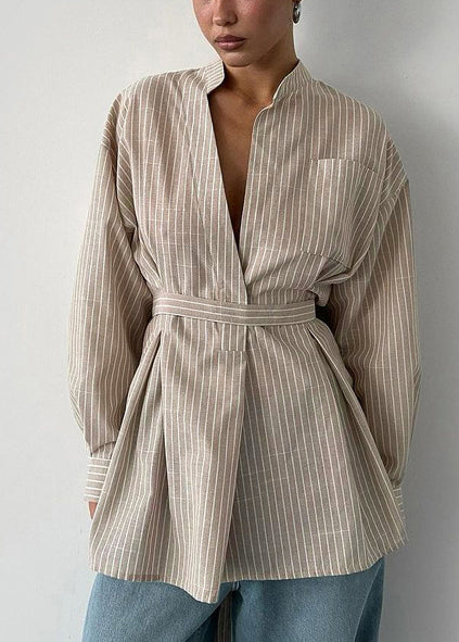 Khaki Fall Boho Striped Top Tunic Linen Shirt FashionChic