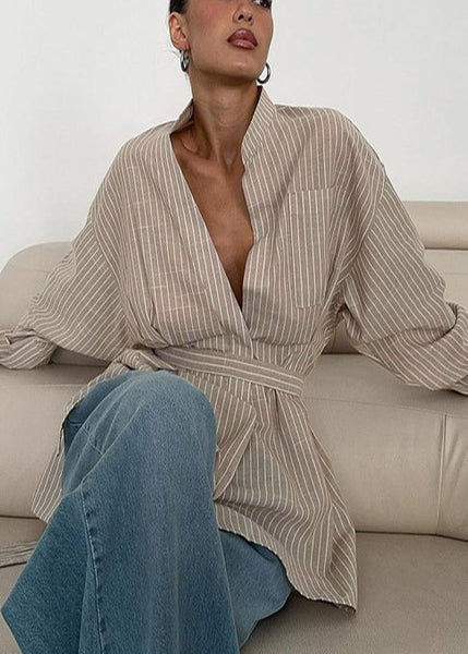 Khaki Fall Boho Striped Top Tunic Linen Shirt FashionChic