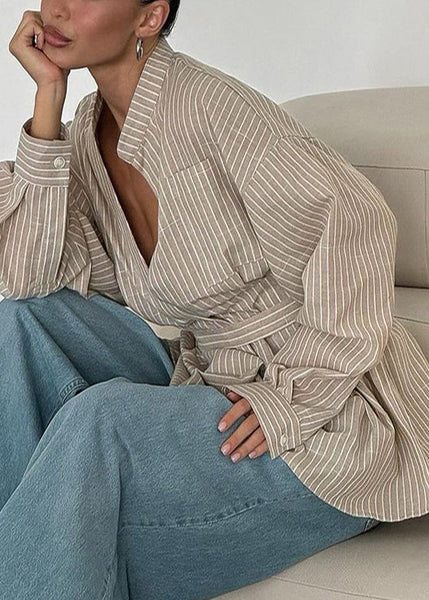 Khaki Fall Boho Striped Top Tunic Linen Shirt FashionChic