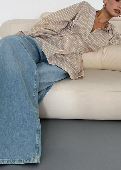 Khaki Fall Boho Striped Top Tunic Linen Shirt FashionChic