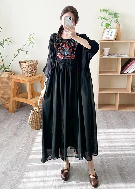 Boho Loose Black O Neck Embroidered Patchwork Silk Dress Summer WW1027 Ada Fashion