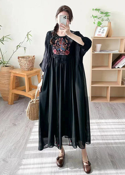 Boho Loose Black O Neck Embroidered Patchwork Silk Dress Summer WW1027 Ada Fashion