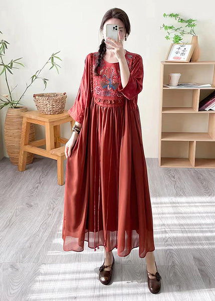 Boho Loose Black O Neck Embroidered Patchwork Silk Dress Summer WW1027 Ada Fashion