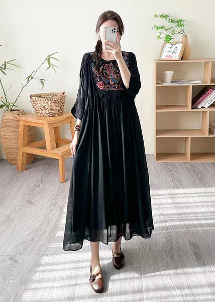 Boho Loose Black O Neck Embroidered Patchwork Silk Dress Summer WW1027 Ada Fashion
