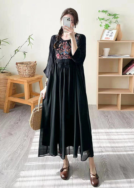 Boho Loose Black O Neck Embroidered Patchwork Silk Dress Summer WW1027 Ada Fashion
