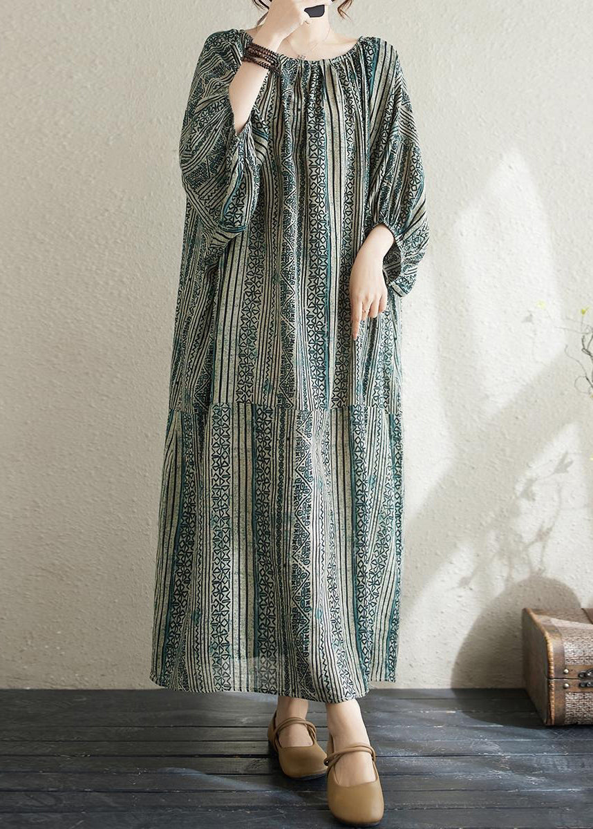 Boho Loose Green O Neck Striped Cotton Long Dress Summer AP037 GK-SDL240718