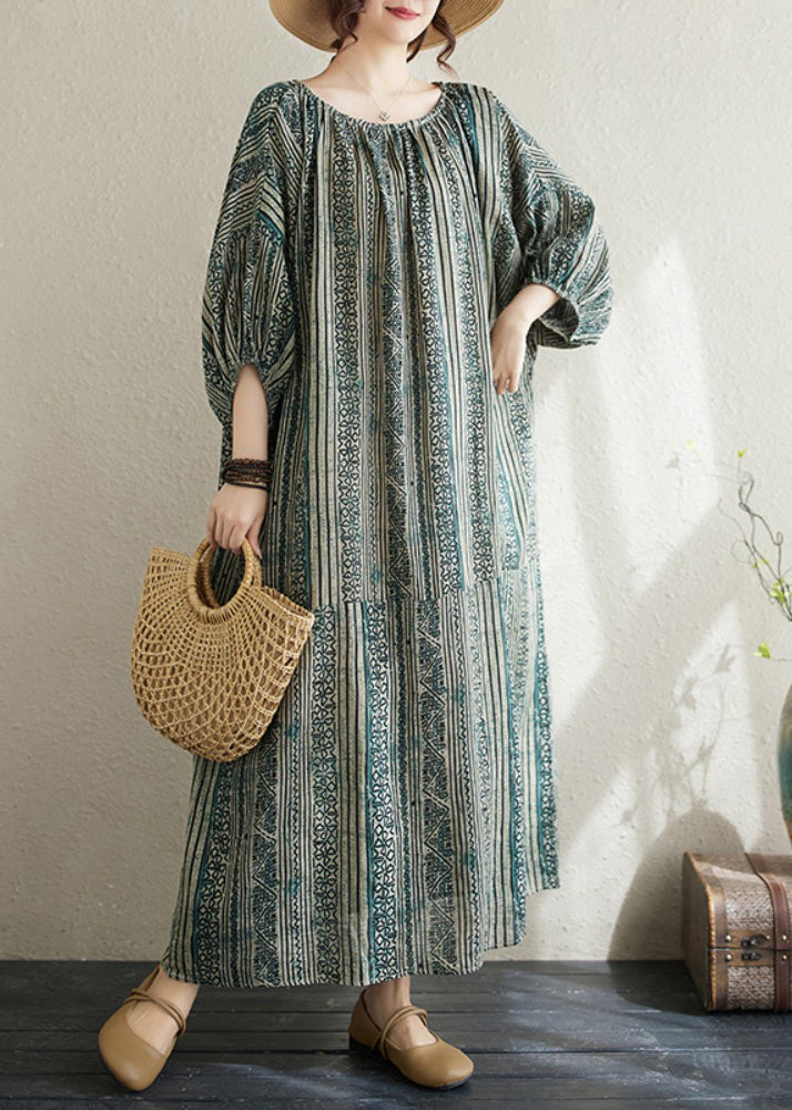 Boho Loose Green O Neck Striped Cotton Long Dress Summer AP037 GK-SDL240718