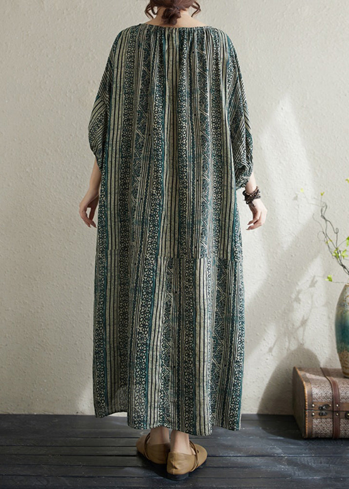 Boho Loose Green O Neck Striped Cotton Long Dress Summer AP037 GK-SDL240718