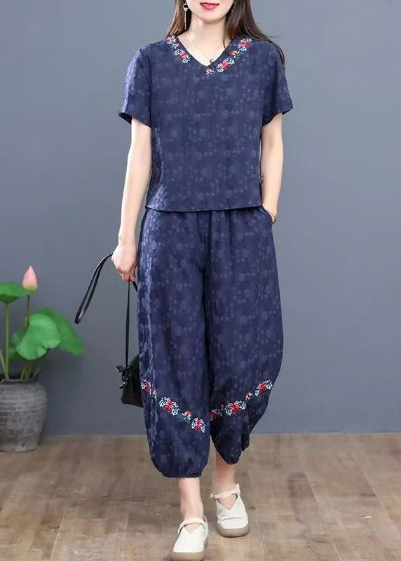 Summer Boho Pieces Navy Cotton Set Embroidered Two FashionChic