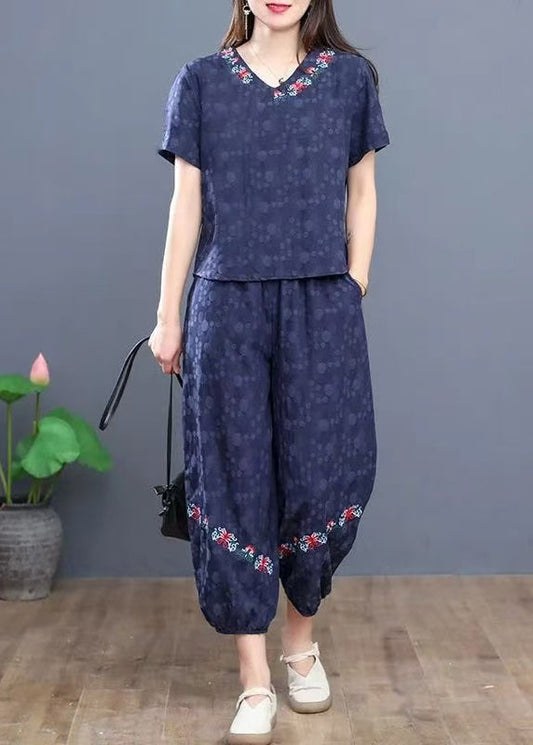 Summer Boho Pieces Navy Cotton Set Embroidered Two FashionChic