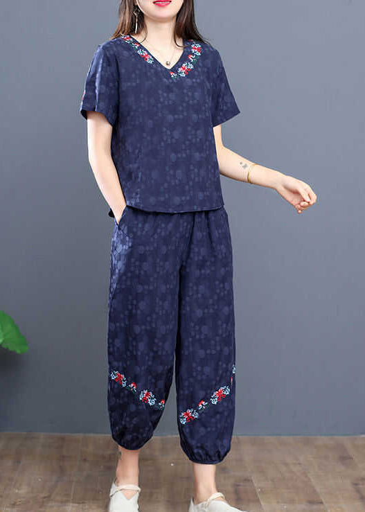 Summer Boho Pieces Navy Cotton Set Embroidered Two FashionChic