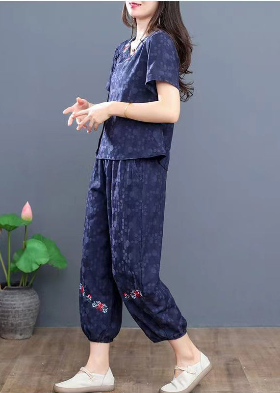 Summer Boho Pieces Navy Cotton Set Embroidered Two FashionChic
