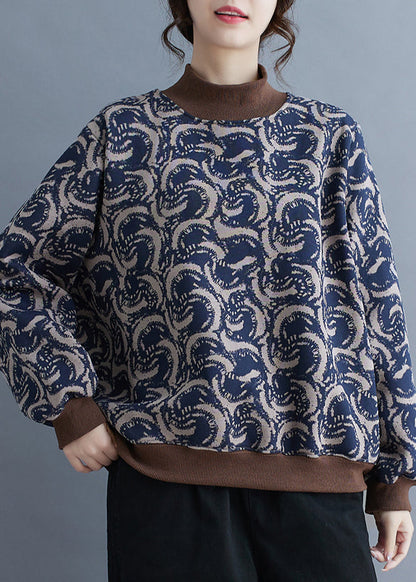 Boho Navy Print Patchwork Warm Fleece Sweatshirt Top Spring TM011 ABC