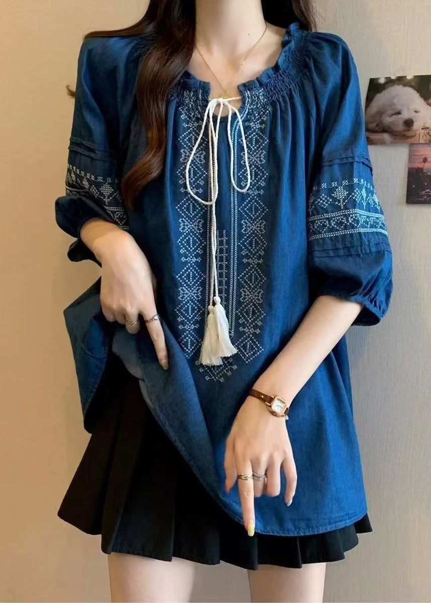 Cotton Sleeve Navy Embroidered Bracelet Ruffled Blouses Boho FashionChic