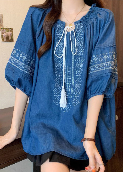 Cotton Sleeve Navy Embroidered Bracelet Ruffled Blouses Boho FashionChic