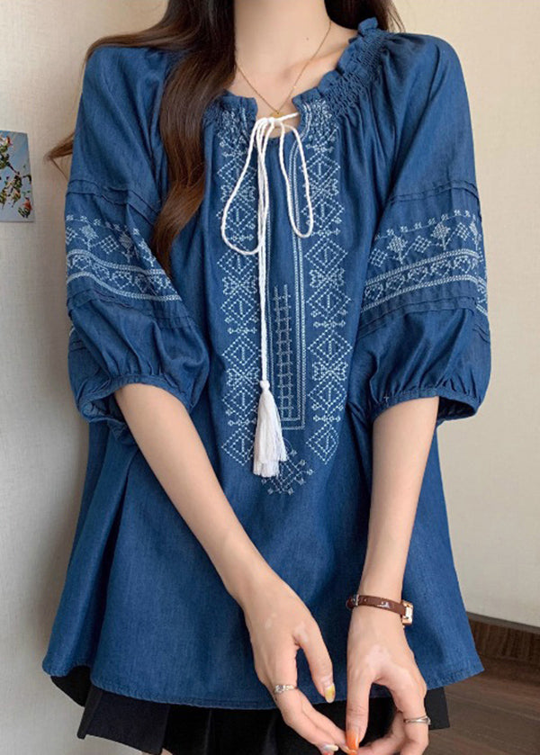 Cotton Sleeve Navy Embroidered Bracelet Ruffled Blouses Boho FashionChic