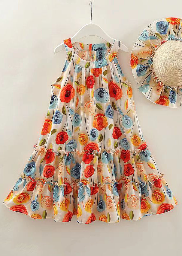 Boho O Neck Ruffled Print Cotton Girls Dresses Sleeveless EW042 WS-RCTZSDGL240809