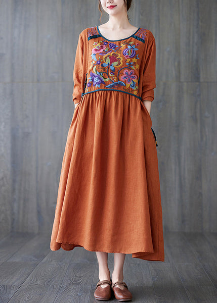 Boho Orange O Neck Embroidered Patchwork Cotton Dress Spring TZ045