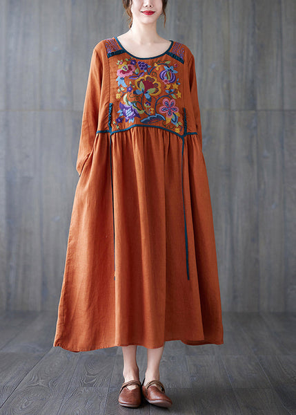Boho Orange O Neck Embroidered Patchwork Cotton Dress Spring TZ045