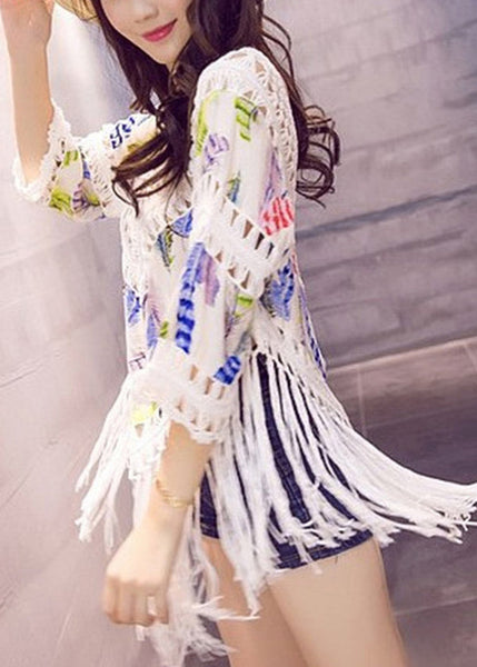 Boho Orange Print Tasseled Patchwork Bikini Beach Cover Up VC034 WM-Beach-LYQ240615