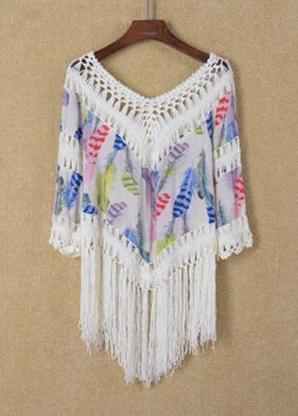 Boho Orange Print Tasseled Patchwork Bikini Beach Cover Up VC034 WM-Beach-LYQ240615