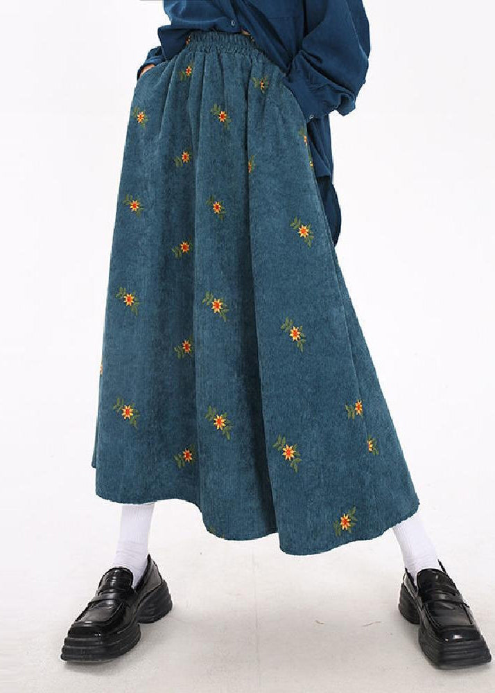 Boho Peacock Blue Embroidered Corduroy Skirts Spring YO11 ABC