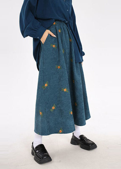 Boho Peacock Blue Embroidered Corduroy Skirts Spring YO11 ABC