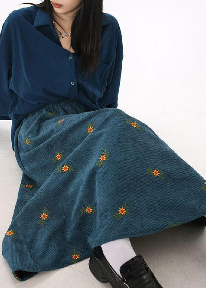 Boho Peacock Blue Embroidered Corduroy Skirts Spring YO11 ABC