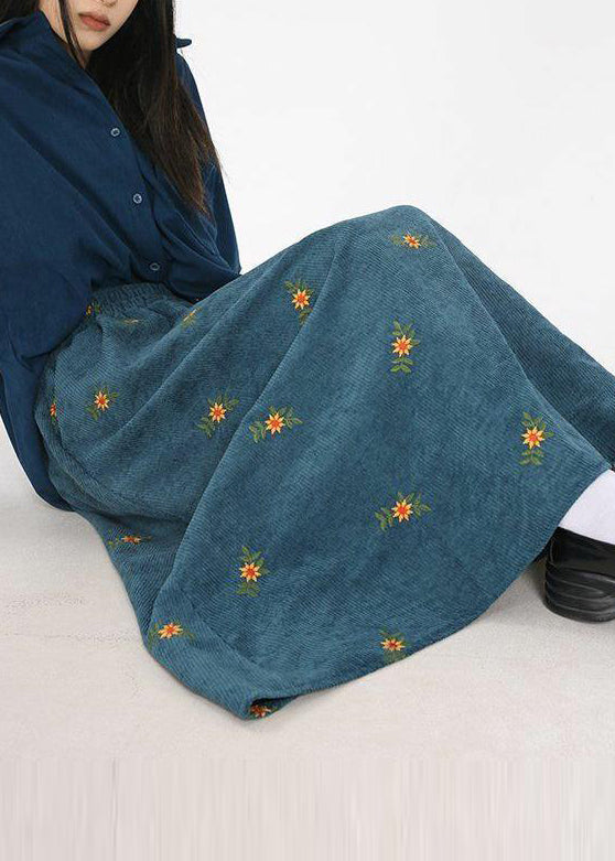 Boho Peacock Blue Embroidered Corduroy Skirts Spring YO11 ABC