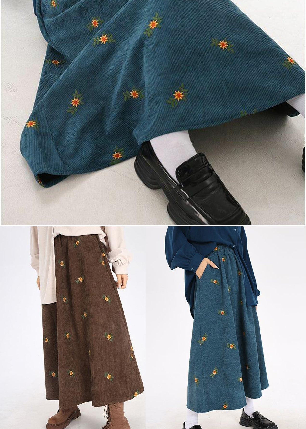 Boho Peacock Blue Embroidered Corduroy Skirts Spring YO11 ABC