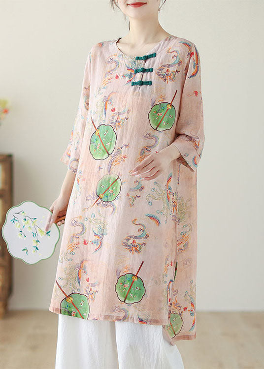 Boho Pink O Neck Print Chinese Button Cotton Mid Dress Summer AP083 GK-SDM240718