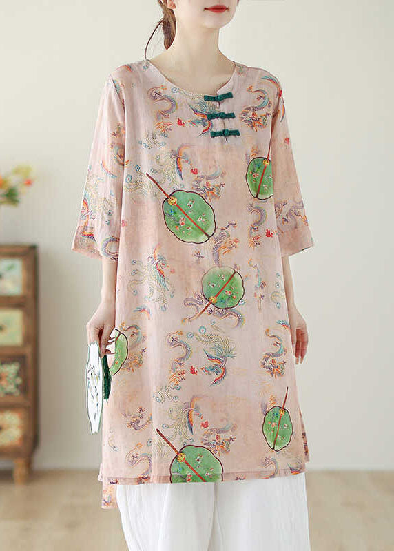 Boho Pink O Neck Print Chinese Button Cotton Mid Dress Summer AP083 GK-SDM240718