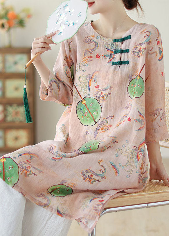 Boho Pink O Neck Print Chinese Button Cotton Mid Dress Summer AP083 GK-SDM240718