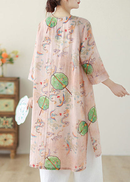 Boho Pink O Neck Print Chinese Button Cotton Mid Dress Summer AP083 GK-SDM240718