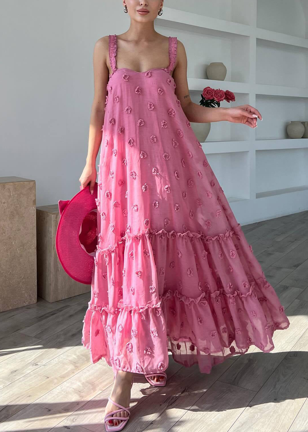 Floral Strap Ruffled Pink Dress Spaghetti Boho Cotton Sleeveless FashionChic