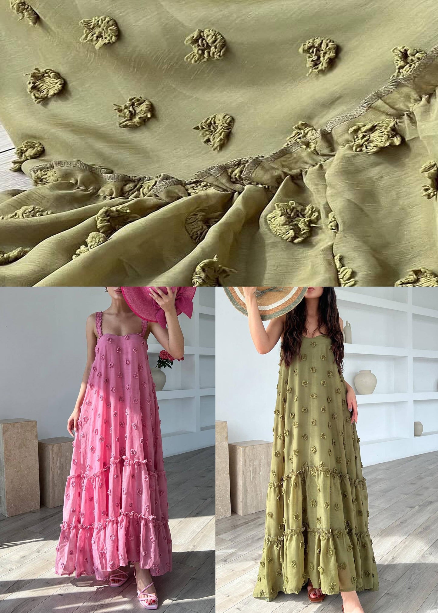 Sleeveless Spaghetti Cotton Floral Ruffled Strap Dress Boho Pink FashionChic