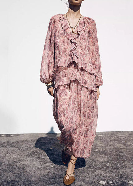 Ruffled Neck Boho Chiffon Pink Print Dresses V Fall FashionChic