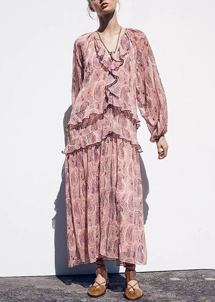 Ruffled Neck Boho Chiffon Pink Print Dresses V Fall FashionChic