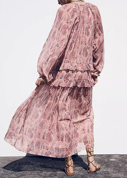 Ruffled Neck Boho Chiffon Pink Print Dresses V Fall FashionChic