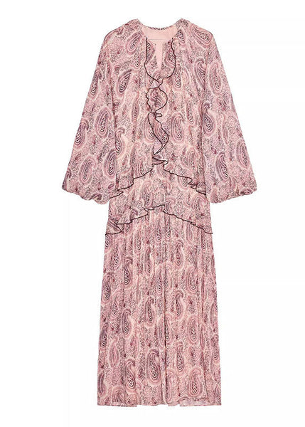 Ruffled Neck Boho Chiffon Pink Print Dresses V Fall FashionChic