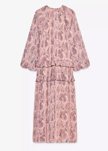 Ruffled Neck Boho Chiffon Pink Print Dresses V Fall FashionChic