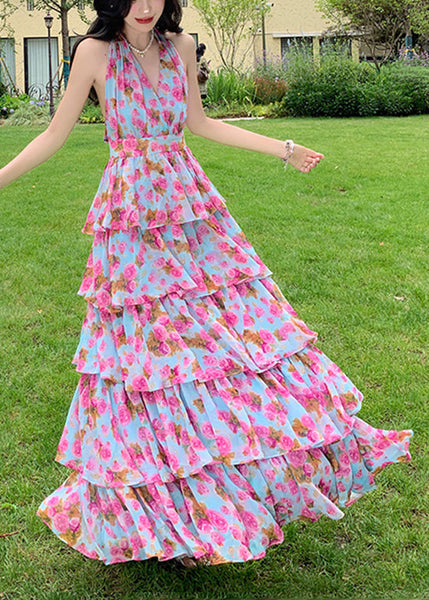 Boho Print Ruffled Halter Backless Beach Dress Summer EE1022 SH-LF-SDL240517