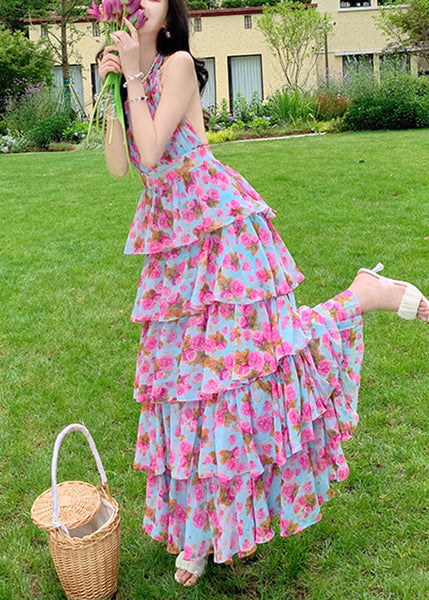 Boho Print Ruffled Halter Backless Beach Dress Summer EE1022 SH-LF-SDL240517