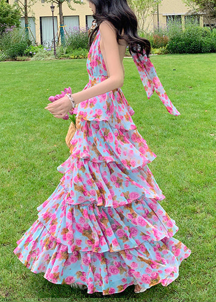 Boho Print Ruffled Halter Backless Beach Dress Summer EE1022 SH-LF-SDL240517