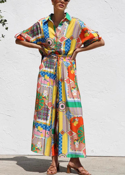 Piece Shirts Two Boho Print Short Set And Maxi Skirts Sleeve FashionChic