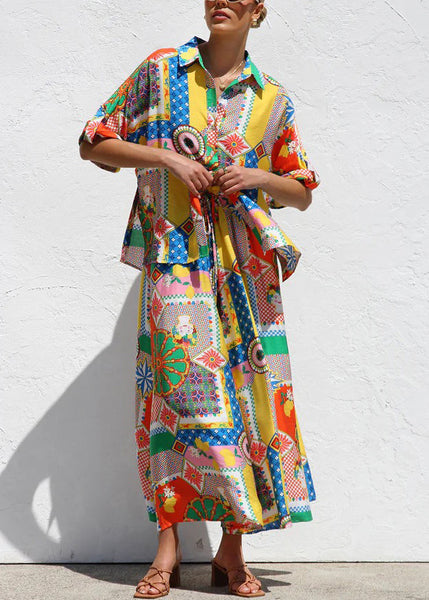Piece Shirts Two Boho Print Short Set And Maxi Skirts Sleeve FashionChic