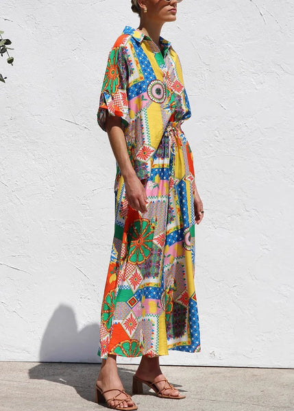 Piece Shirts Two Boho Print Short Set And Maxi Skirts Sleeve FashionChic