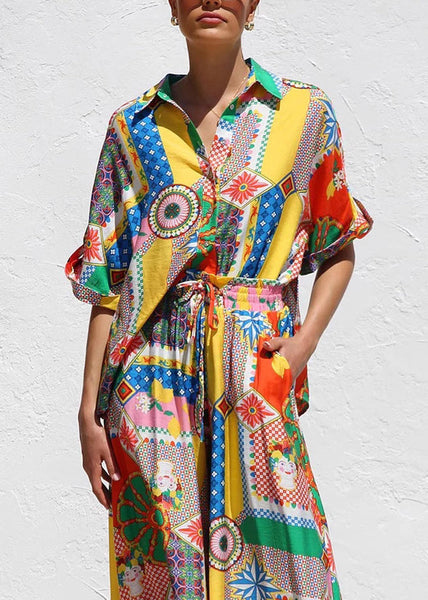 Piece Shirts Two Boho Print Short Set And Maxi Skirts Sleeve FashionChic