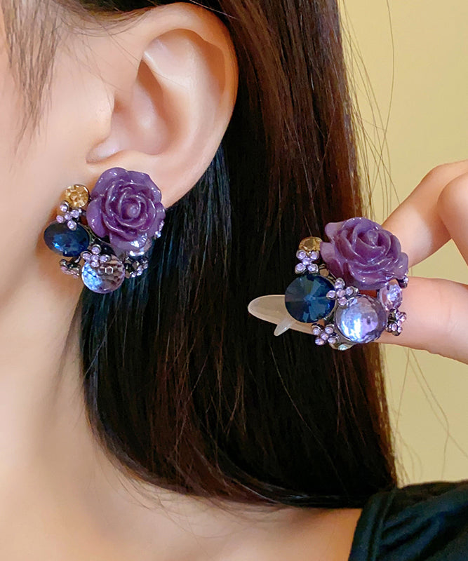Boho Purple Alloy Zircon Resin Floral Glass Stud Earrings YZ012 ABC