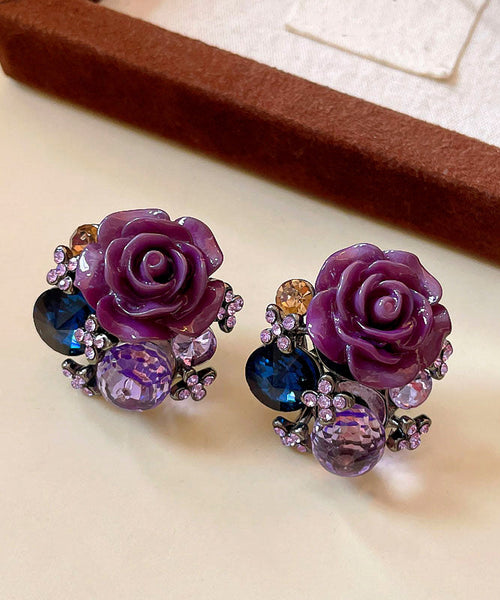 Boho Purple Alloy Zircon Resin Floral Glass Stud Earrings YZ012 ABC